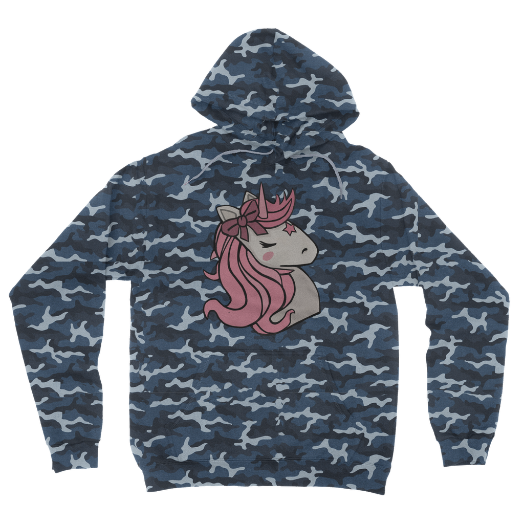 Pink Unicorn Camouflage Adult Hoodie featuring a unique camo design with a playful unicorn motif, perfect for casual wear.