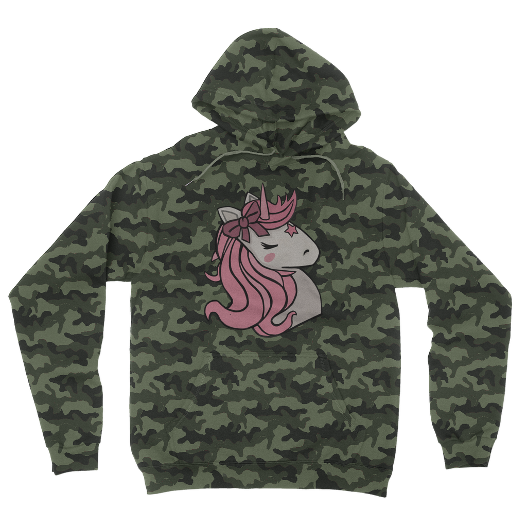 Pink Unicorn Camouflage Adult Hoodie featuring a unique camo design with a playful unicorn motif, perfect for casual wear.