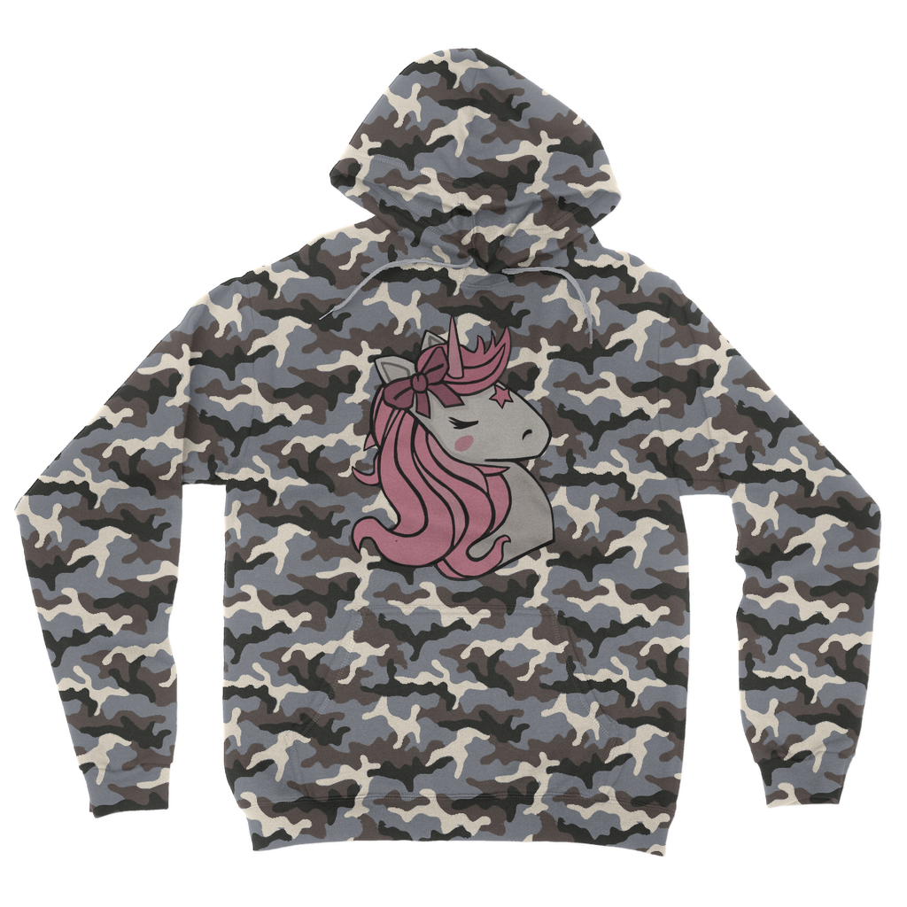 Pink Unicorn Camouflage Adult Hoodie featuring a unique camo design with a playful unicorn motif, perfect for casual wear.