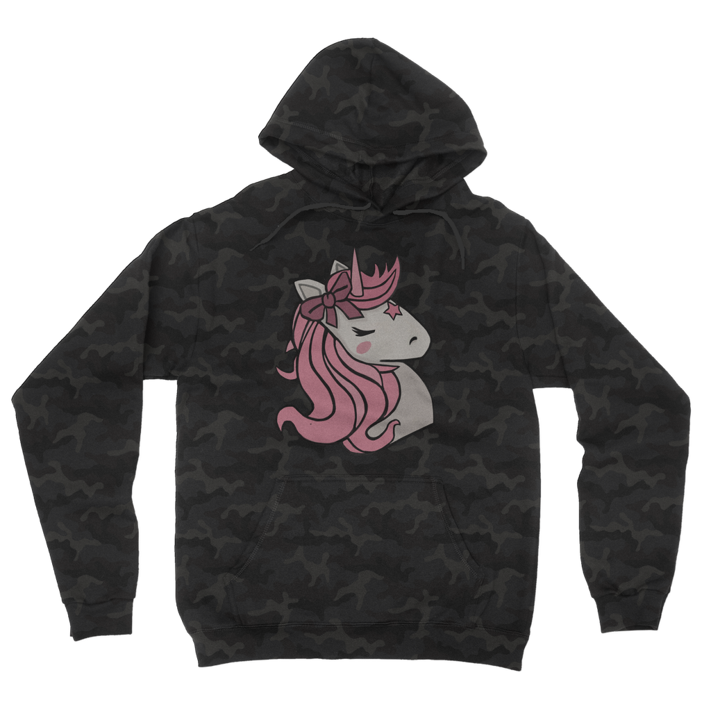 Pink Unicorn Camouflage Adult Hoodie featuring a unique camo design with a playful unicorn motif, perfect for casual wear.