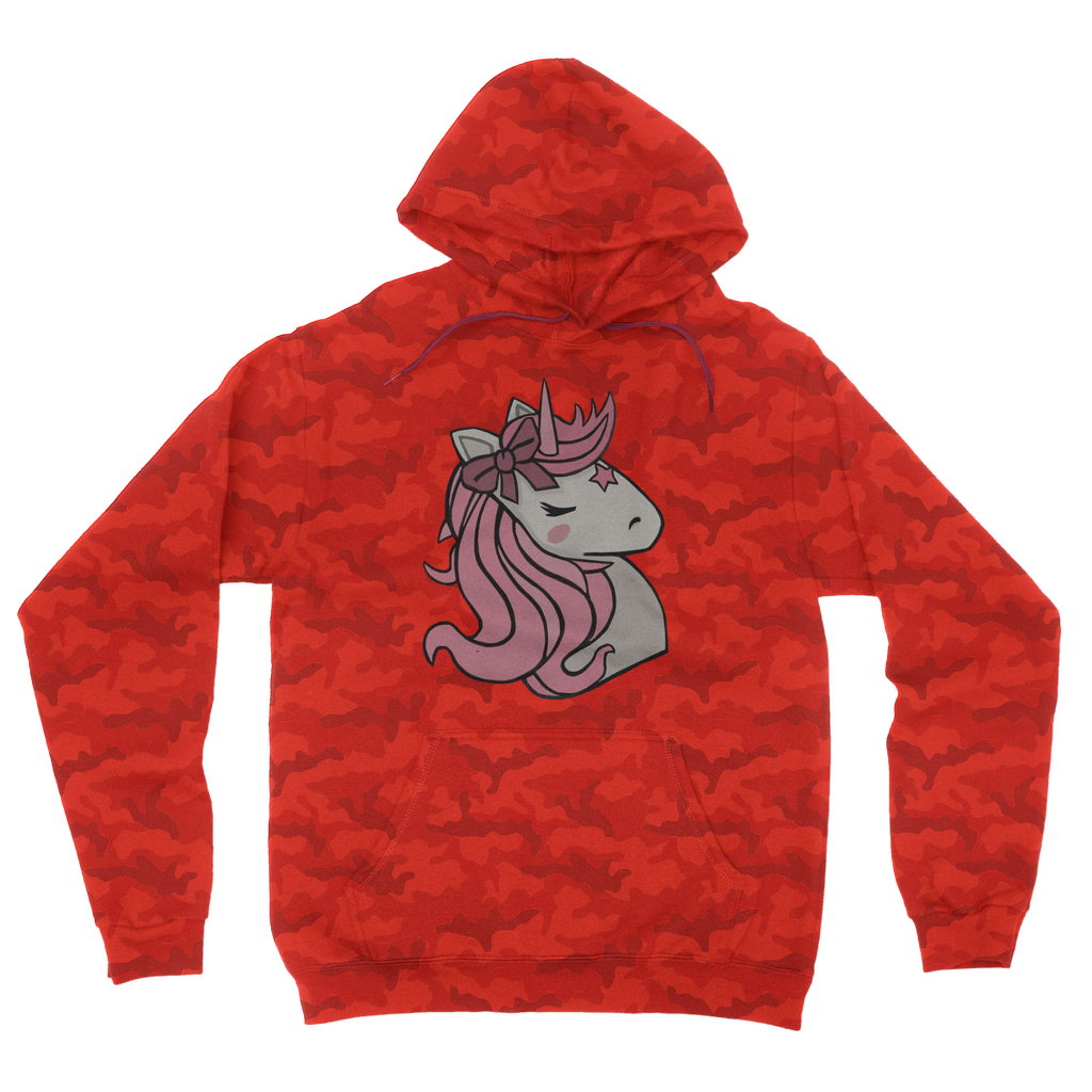 Pink Unicorn Camouflage Adult Hoodie featuring a unique camo design with a playful unicorn motif, perfect for casual wear.