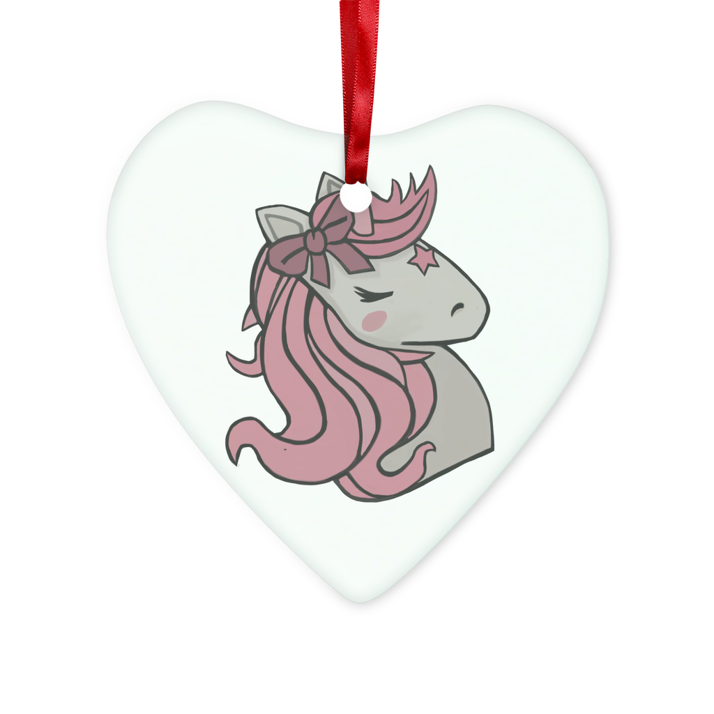 A beautiful pink unicorn glass hanging ornament with a red ribbon and gold string, perfect for Christmas or personalized gifts.