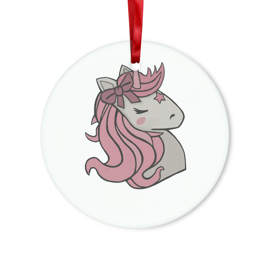 A beautiful pink unicorn glass hanging ornament with a red ribbon and gold string, perfect for Christmas or personalized gifts.