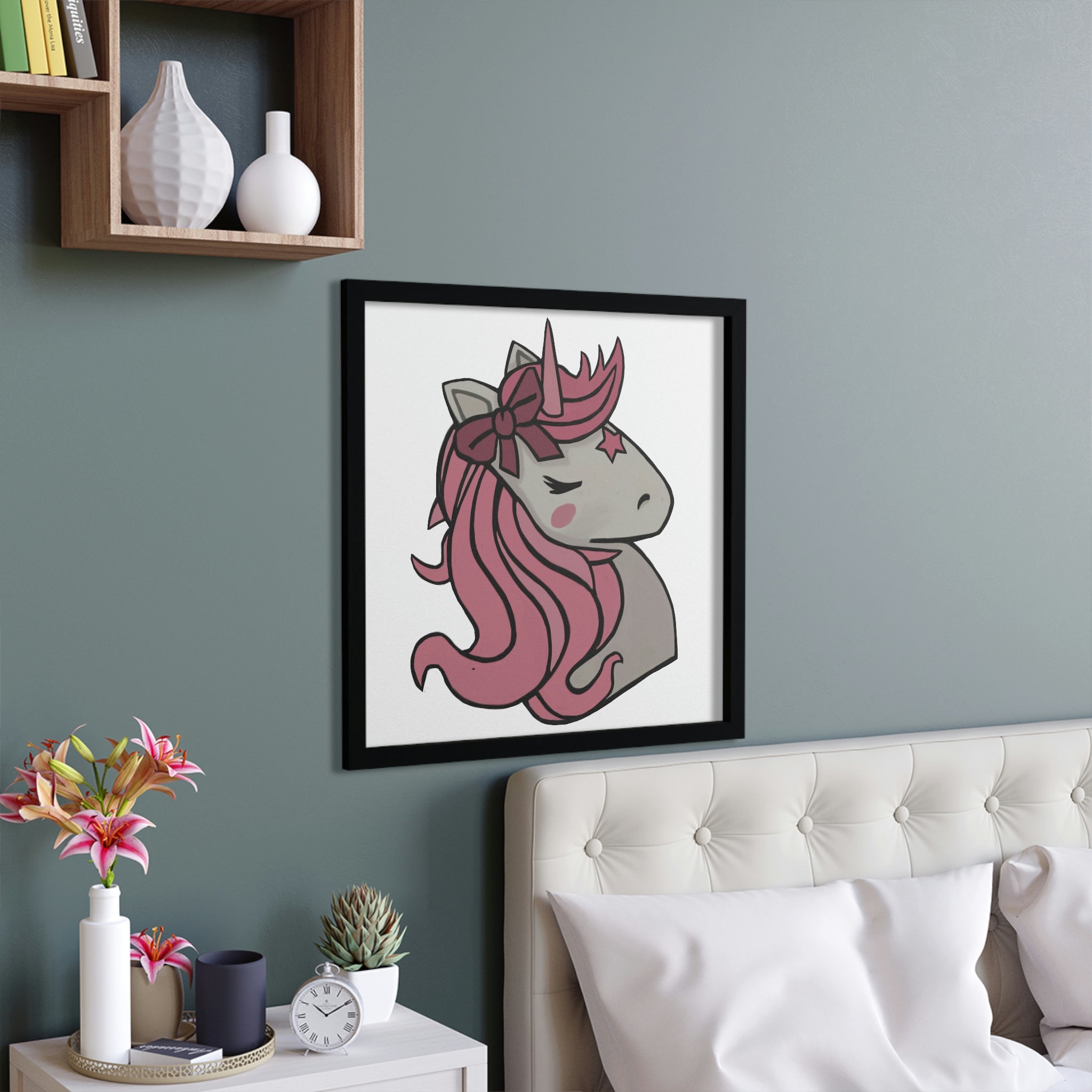 A beautifully framed Pink Unicorn Head poster with vibrant colors and a hand-crafted wooden frame, perfect for home decor.