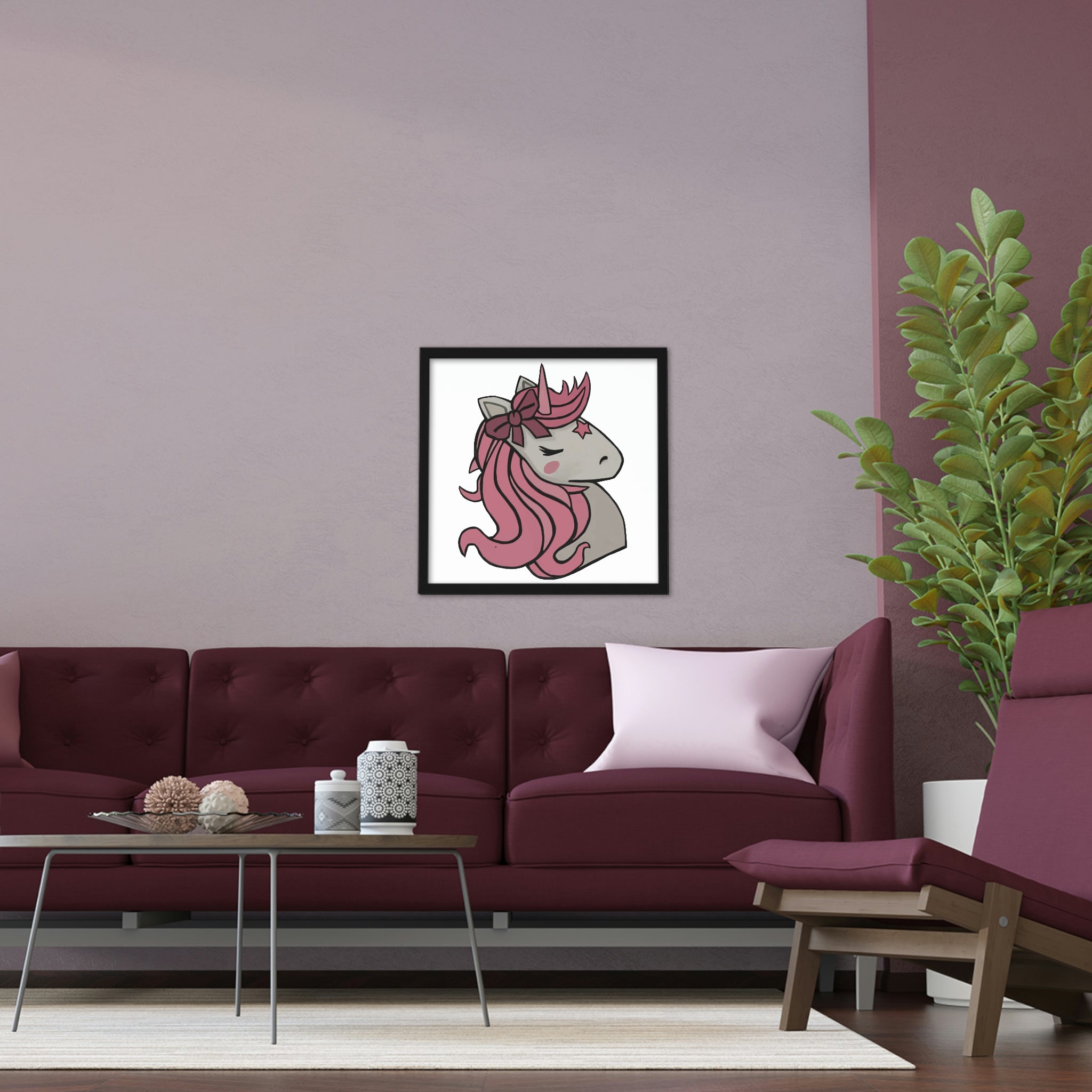 A beautifully framed Pink Unicorn Head poster with vibrant colors and a hand-crafted wooden frame, perfect for home decor.