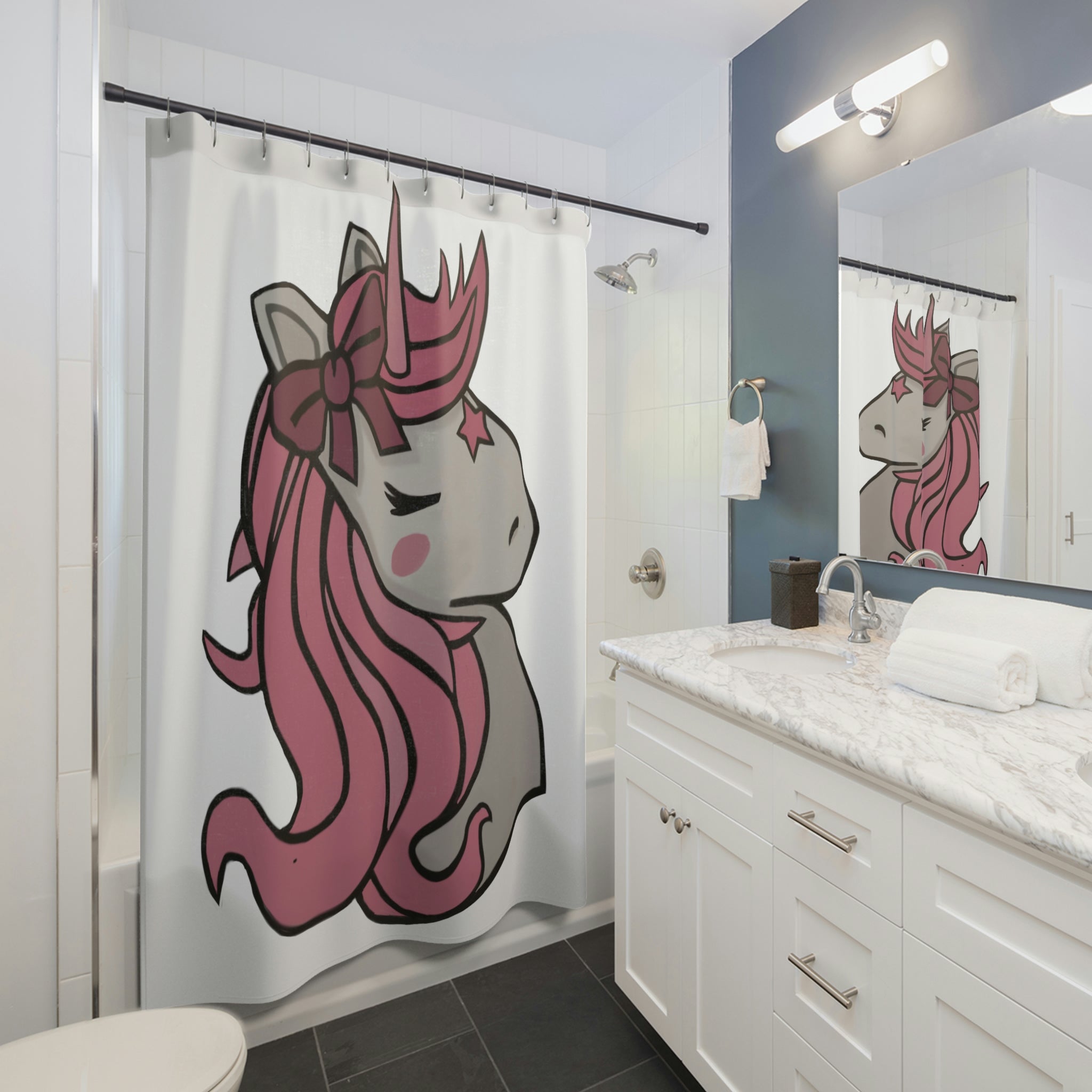 A vibrant pink unicorn head shower curtain featuring a whimsical design, perfect for adding a playful touch to any bathroom decor.