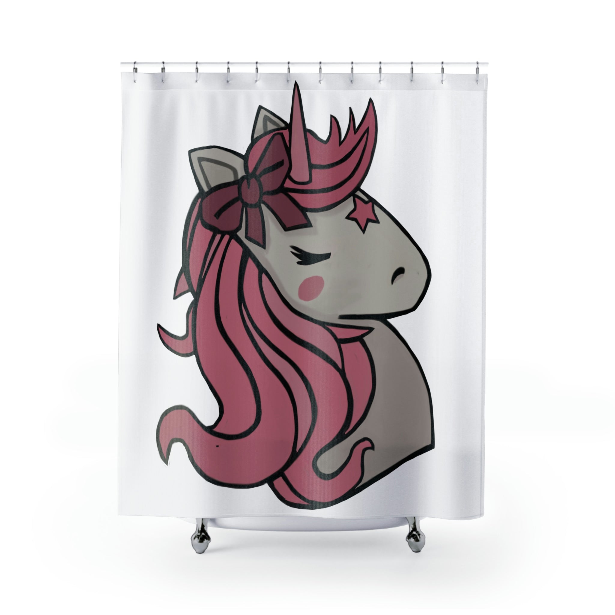 A vibrant pink unicorn head shower curtain featuring a whimsical design, perfect for adding a playful touch to any bathroom decor.