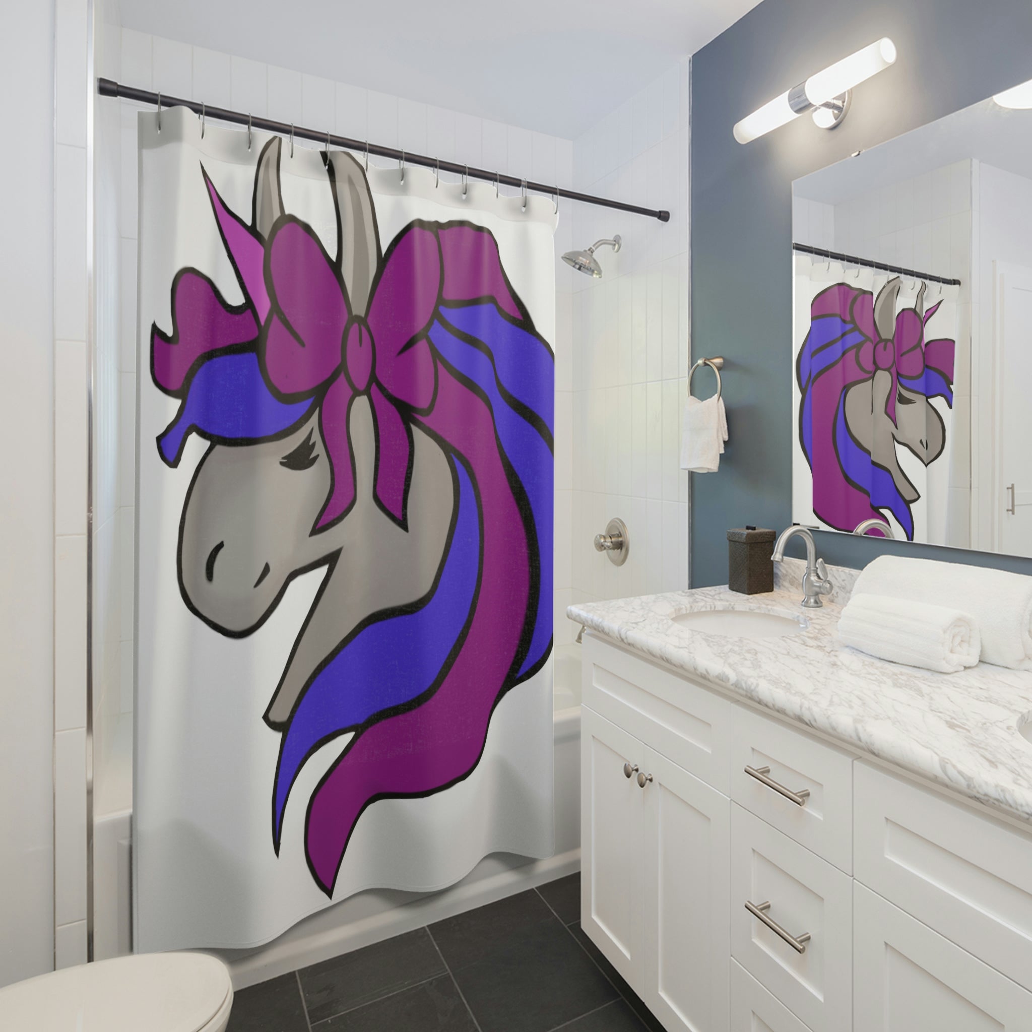 A vibrant pink shower curtain featuring a whimsical unicorn head design, perfect for adding a playful touch to any bathroom.