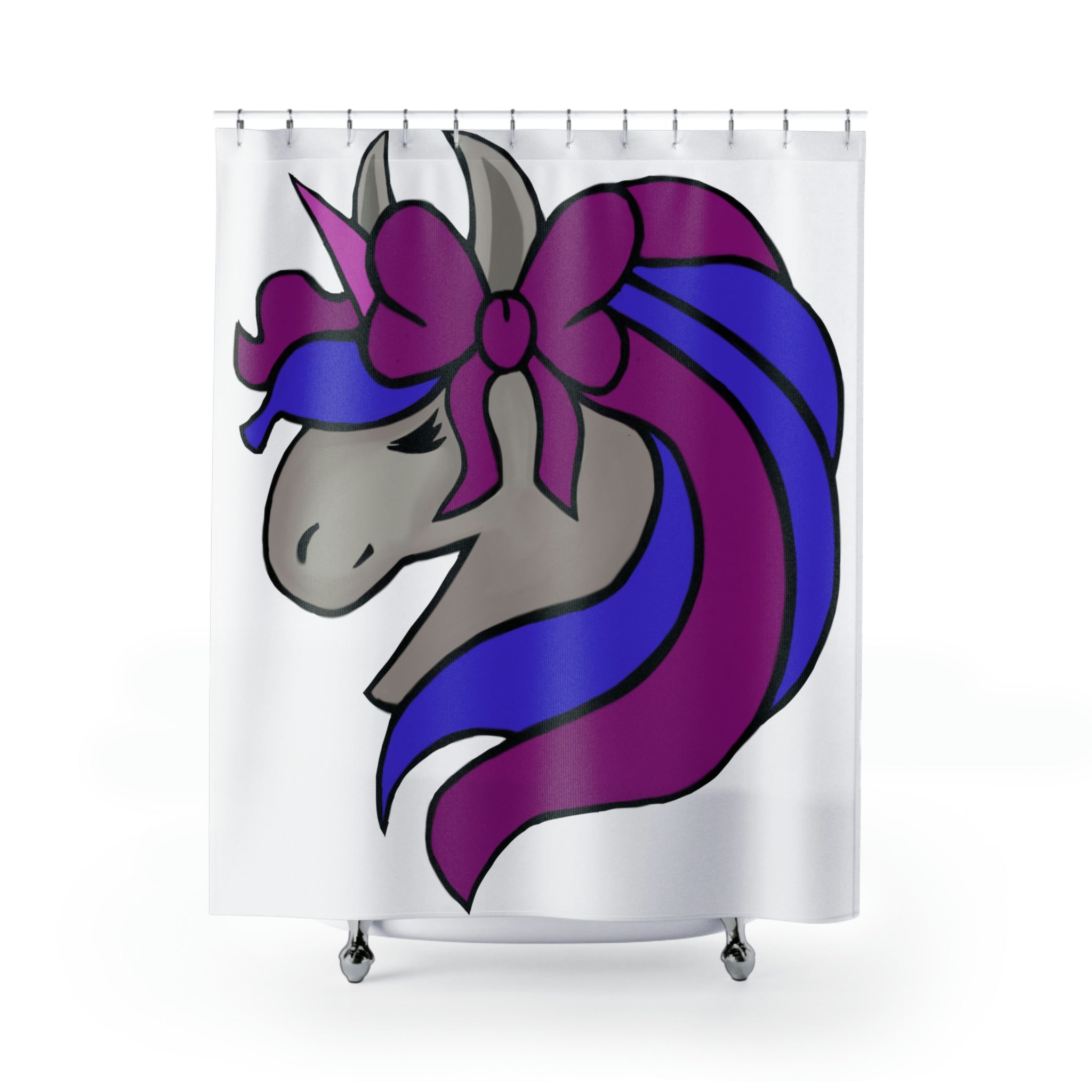 A vibrant pink shower curtain featuring a whimsical unicorn head design, perfect for adding a playful touch to any bathroom.