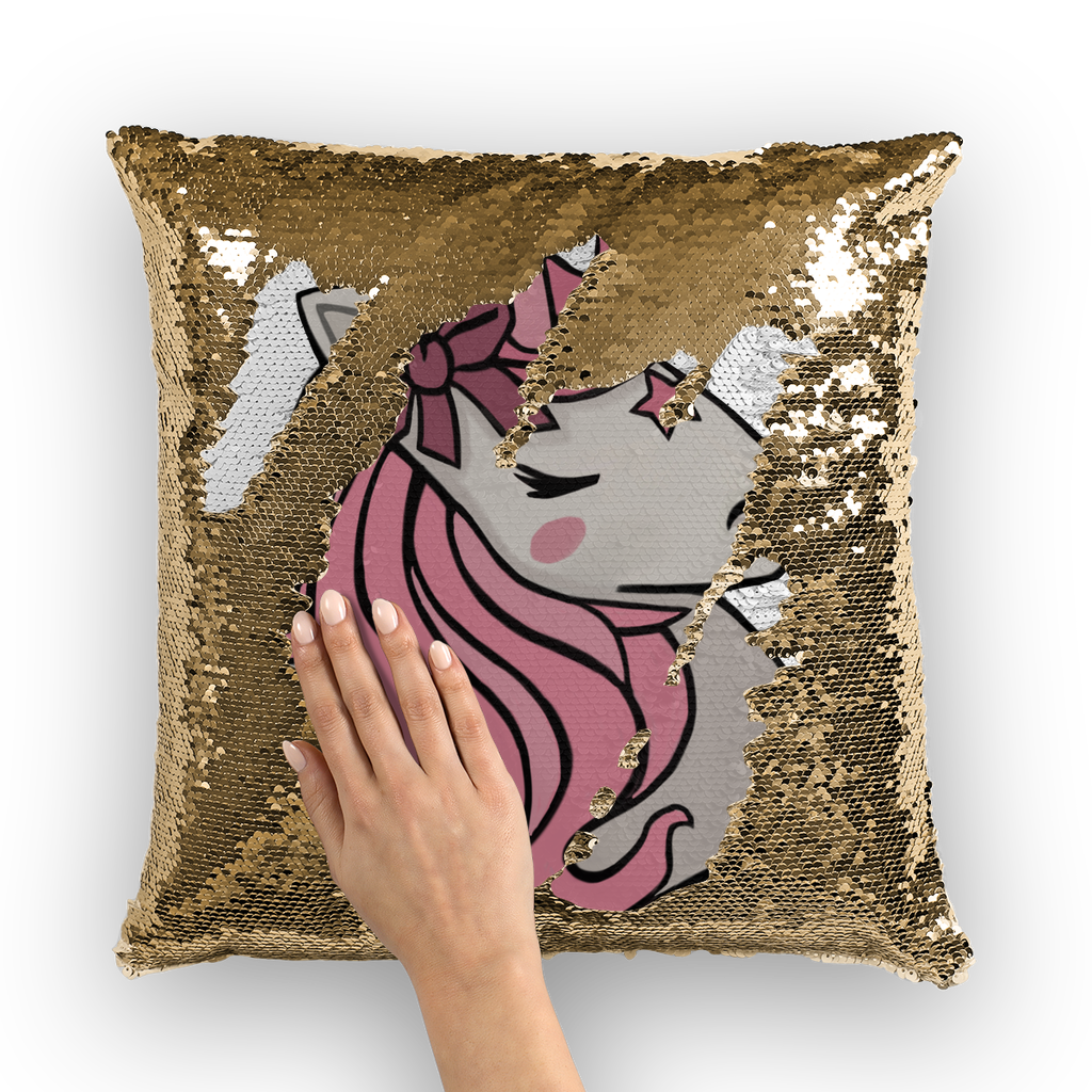 A vibrant pink unicorn sequin cushion cover featuring a shimmering unicorn design on the front, perfect for home decor.