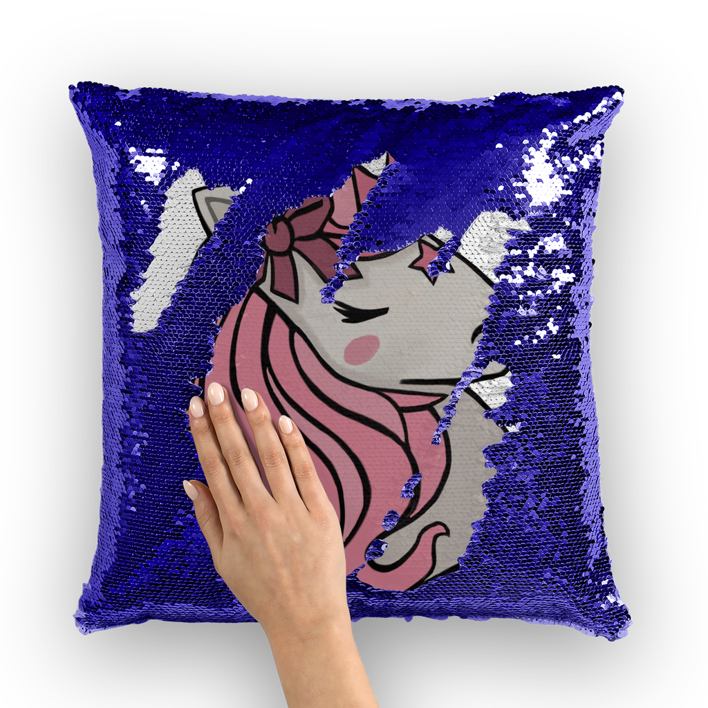 A vibrant pink unicorn sequin cushion cover featuring a shimmering unicorn design on the front, perfect for home decor.