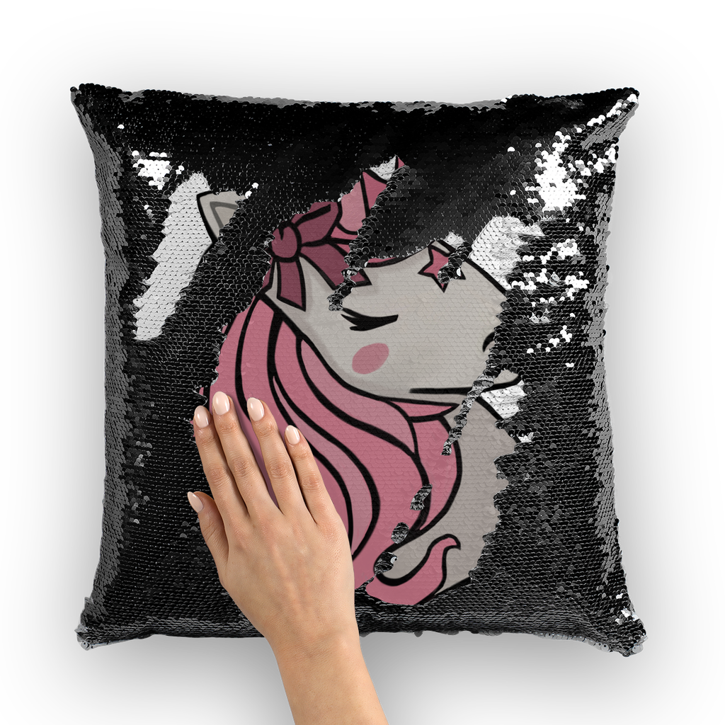 A vibrant pink unicorn sequin cushion cover featuring a shimmering unicorn design on the front, perfect for home decor.