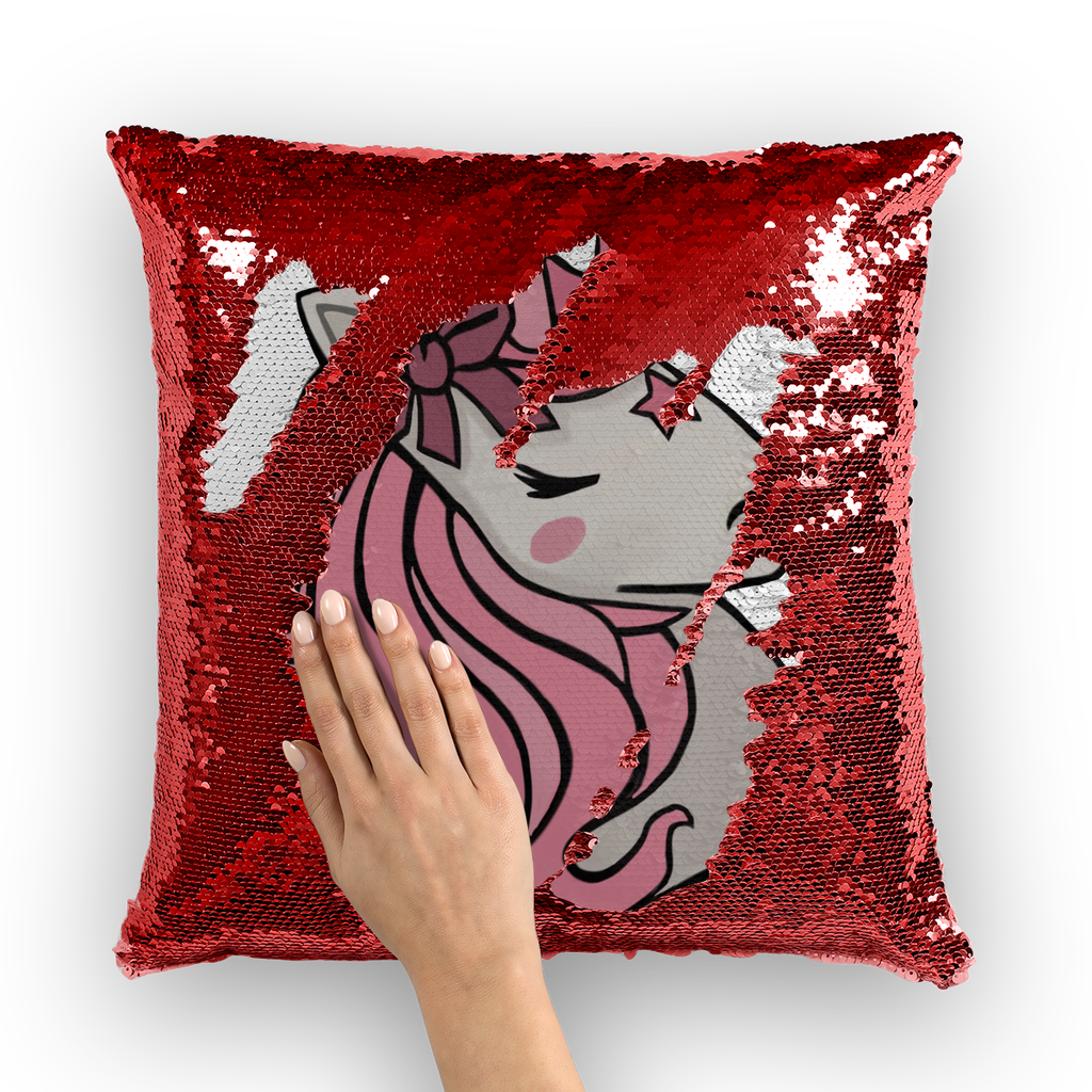 A vibrant pink unicorn sequin cushion cover featuring a shimmering unicorn design on the front, perfect for home decor.