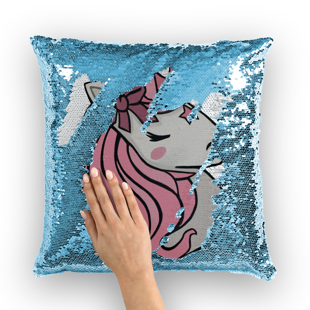 A vibrant pink unicorn sequin cushion cover featuring a shimmering unicorn design on the front, perfect for home decor.