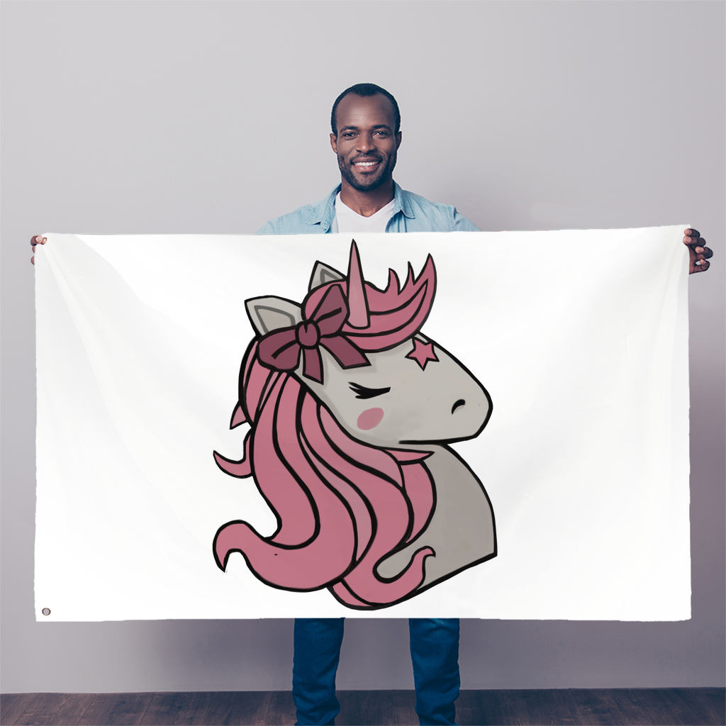 A vibrant pink unicorn sublimation flag measuring 5FT x 3FT, made from durable polyester fabric with double-stitched edges and eyelets for hanging.