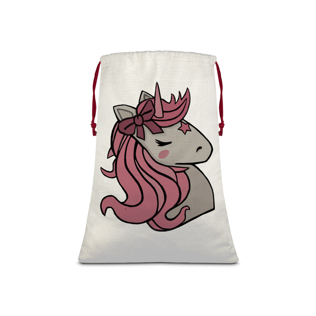 Pink Unicorn Sublimation Linen Drawstring Sack with red drawstring, featuring a vibrant unicorn design, perfect for Christmas gifts and laundry.