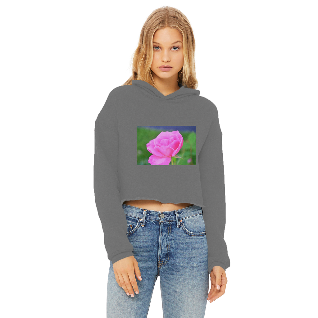 PinkFlower Ladies Cropped Raw Edge Hoodie featuring a stylish cropped design, raw edge hem, and double fabric hood in a soft cotton blend.