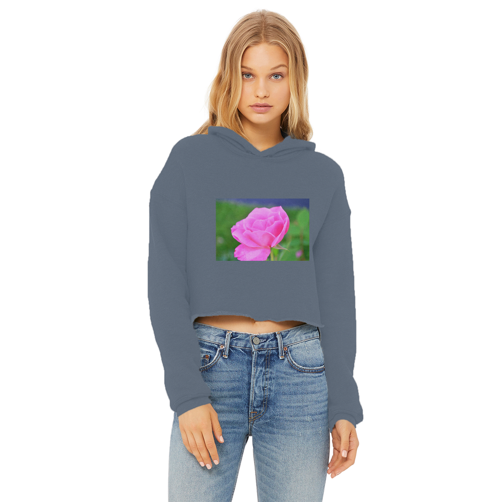 PinkFlower Ladies Cropped Raw Edge Hoodie featuring a stylish cropped design, raw edge hem, and double fabric hood in a soft cotton blend.