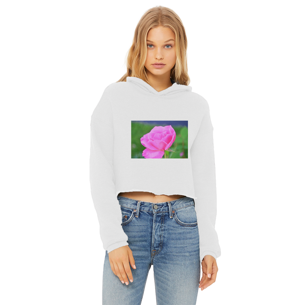 PinkFlower Ladies Cropped Raw Edge Hoodie featuring a stylish cropped design, raw edge hem, and double fabric hood in a soft cotton blend.