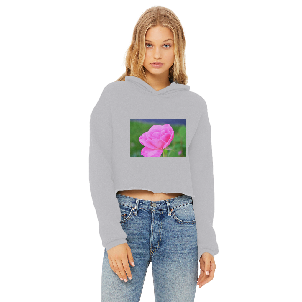 PinkFlower Ladies Cropped Raw Edge Hoodie featuring a stylish cropped design, raw edge hem, and double fabric hood in a soft cotton blend.