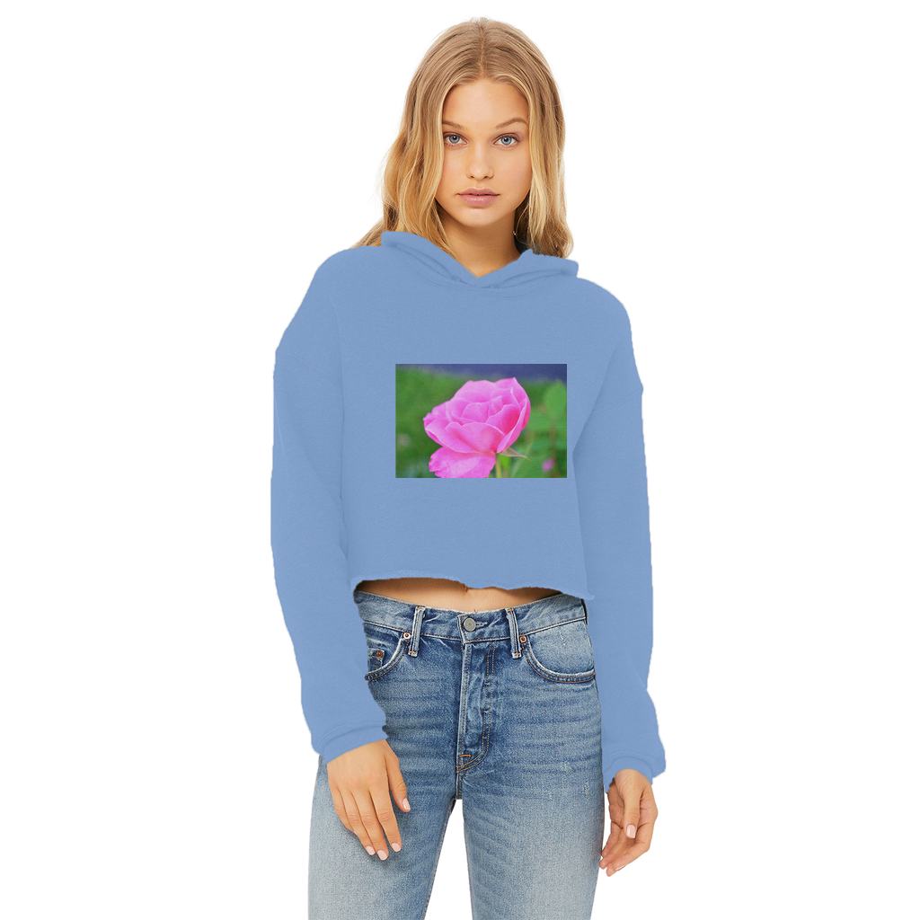 PinkFlower Ladies Cropped Raw Edge Hoodie featuring a stylish cropped design, raw edge hem, and double fabric hood in a soft cotton blend.