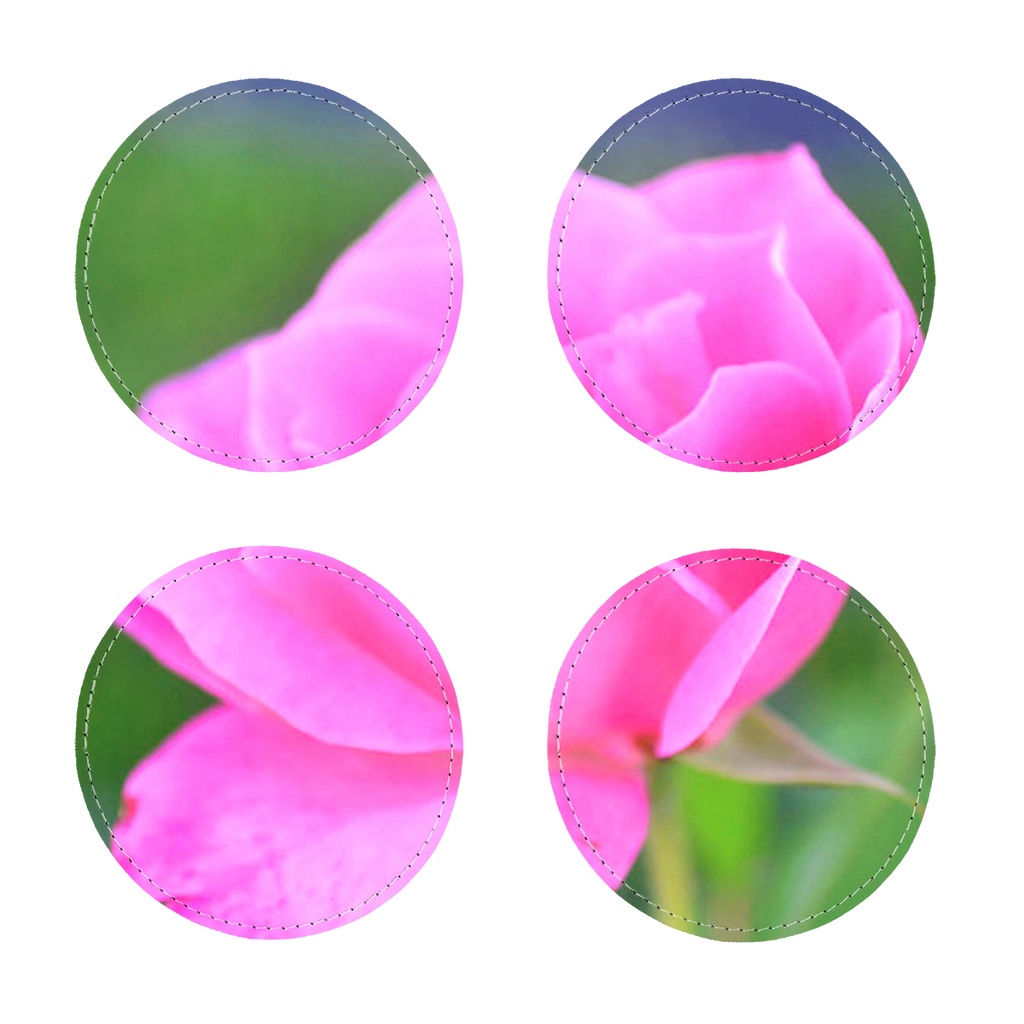 Pack of four PinkFlower sublimation coasters made of PU leather, featuring a white printable face and white stitching.