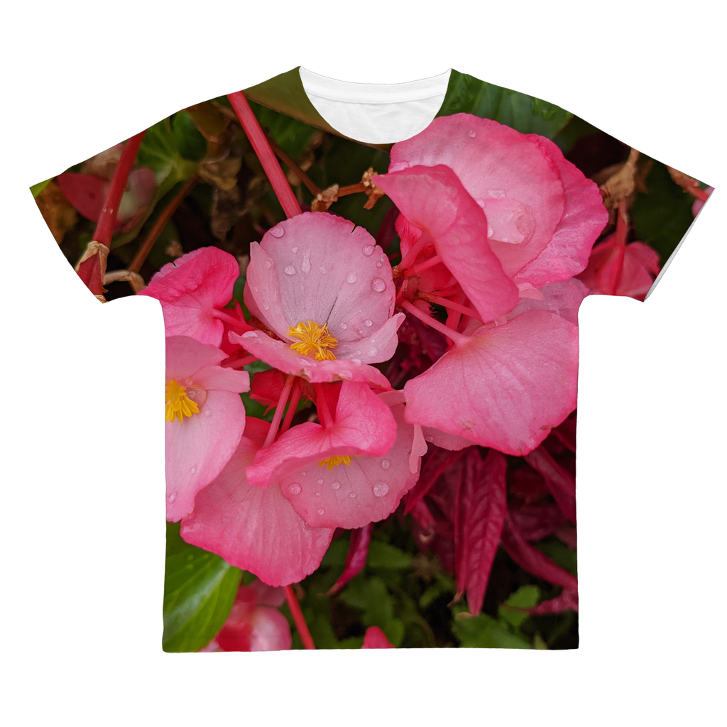 PinkFlowers Classic Sublimation Adult T-Shirt in vibrant colors, showcasing its soft polyester fabric and ideal design for sublimation printing.