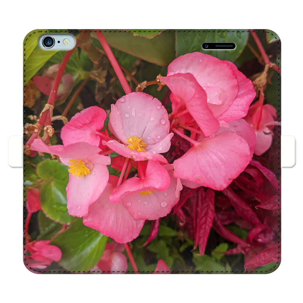 PinkFlowers Fully Printed Wallet Case featuring a vibrant floral design, made of faux leather with a magnetic closure, suitable for iPhone and Samsung models.