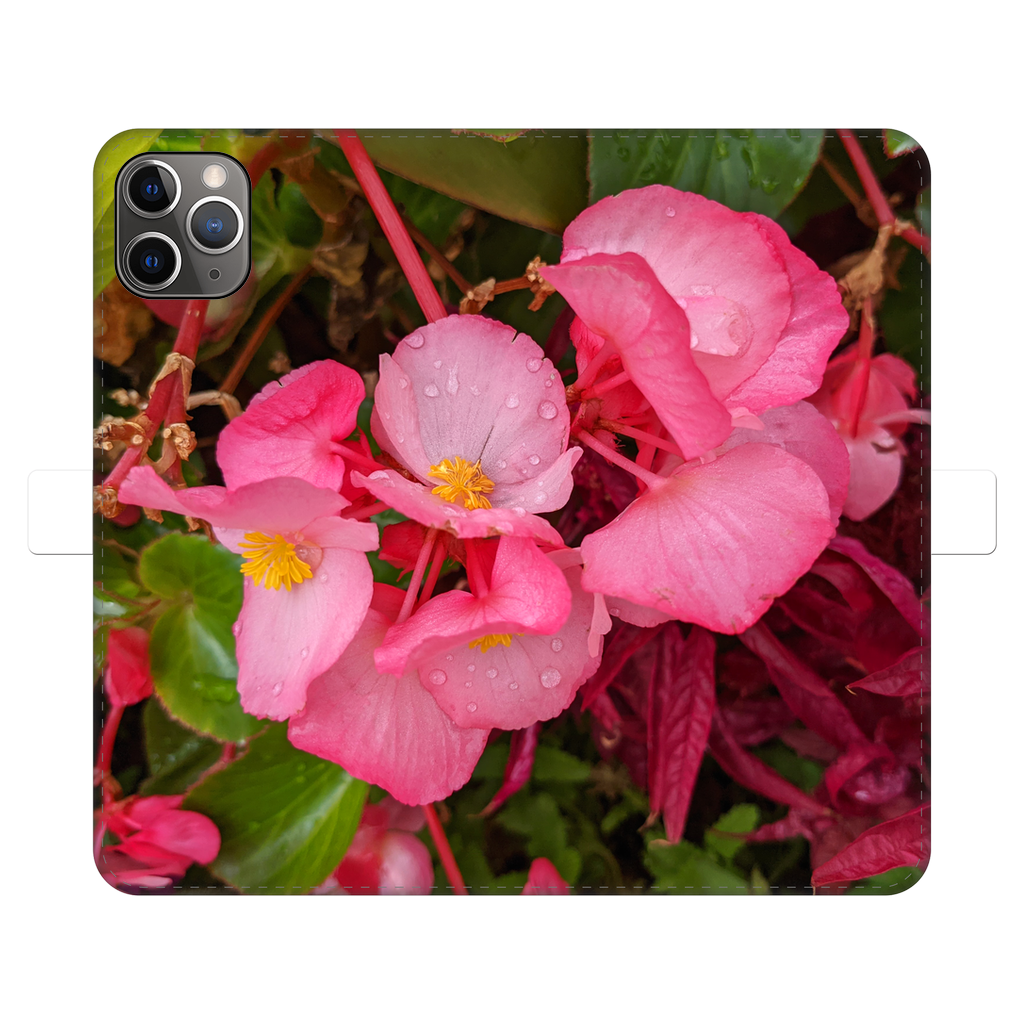 PinkFlowers Fully Printed Wallet Case featuring a vibrant floral design, made of faux leather with a magnetic closure, suitable for iPhone and Samsung models.