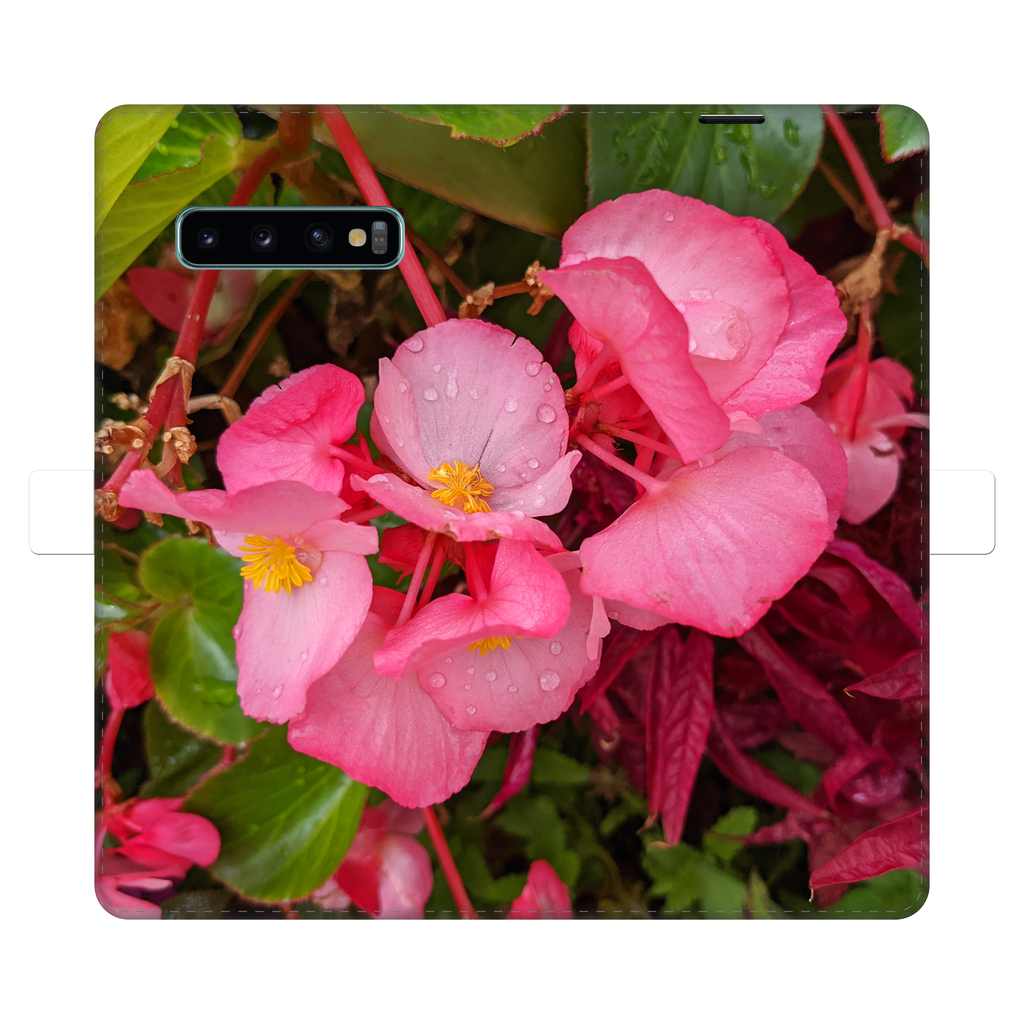 PinkFlowers Fully Printed Wallet Case featuring a vibrant floral design, made of faux leather with a magnetic closure, suitable for iPhone and Samsung models.