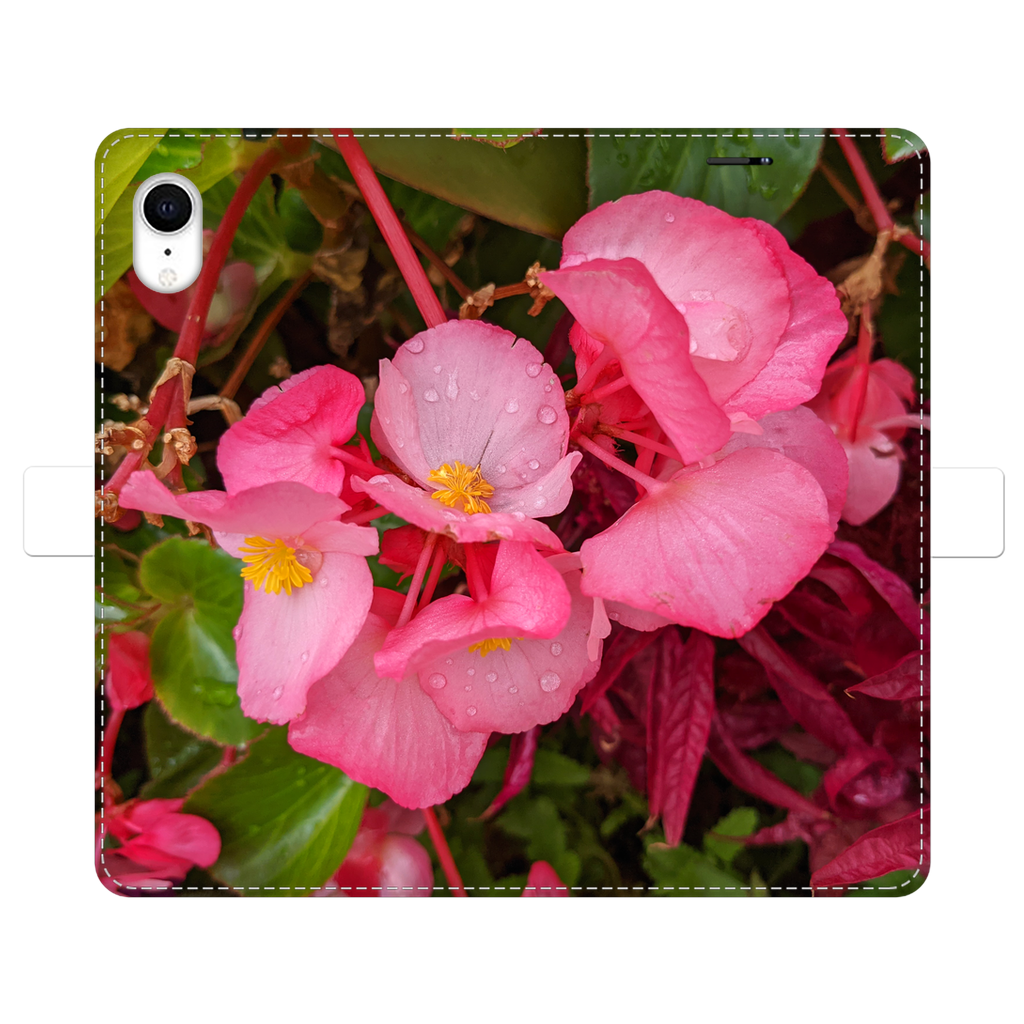 PinkFlowers Fully Printed Wallet Case featuring a vibrant floral design, made of faux leather with a magnetic closure, suitable for iPhone and Samsung models.