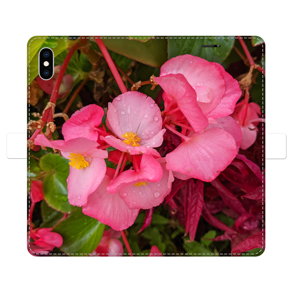 PinkFlowers Fully Printed Wallet Case featuring a vibrant floral design, made of faux leather with a magnetic closure, suitable for iPhone and Samsung models.