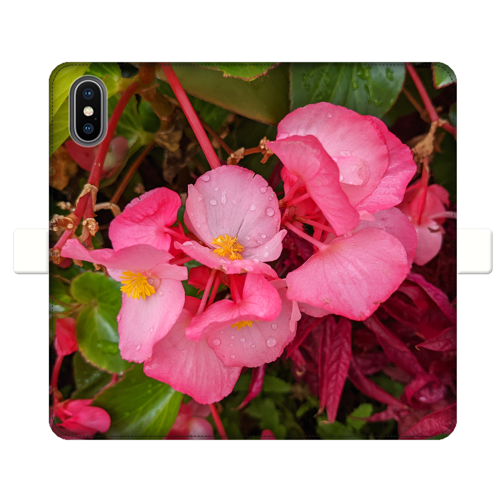 PinkFlowers Fully Printed Wallet Case featuring a vibrant floral design, made of faux leather with a magnetic closure, suitable for iPhone and Samsung models.