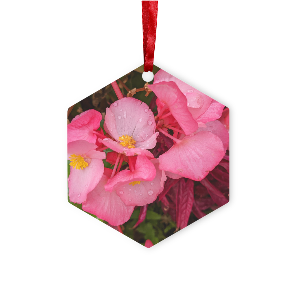 PinkFlowers Metal Hanging Ornament in hexagon and star shapes, featuring a red ribbon and gold string, elegantly displayed in a white box.