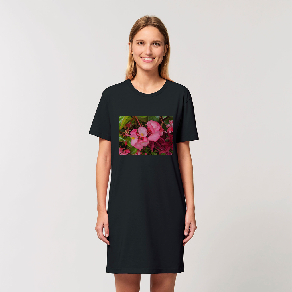 A stylish PinkFlowers Organic T-Shirt Dress made from 100% organic cotton, featuring a soft-hand feel and elegant design.