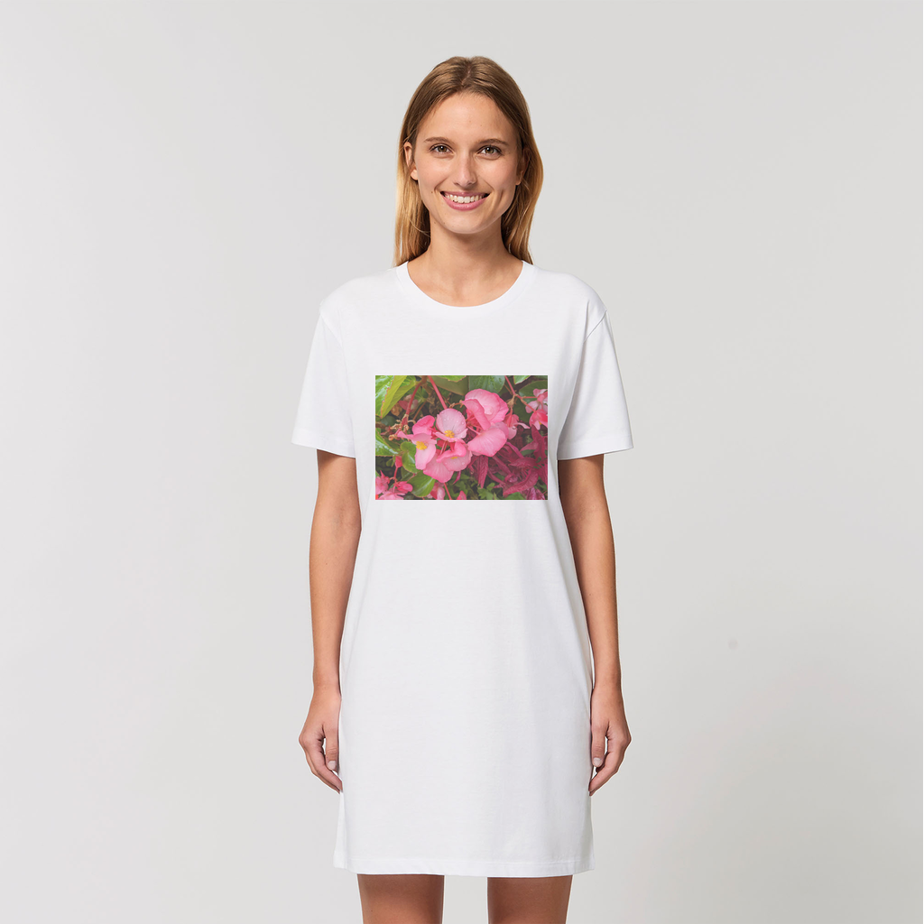 A stylish PinkFlowers Organic T-Shirt Dress made from 100% organic cotton, featuring a soft-hand feel and elegant design.