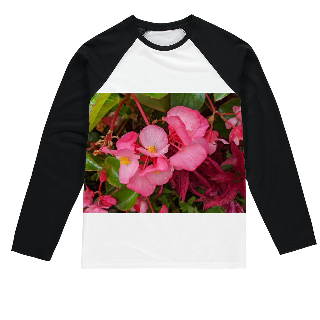 PinkFlowers Sublimation Baseball Long Sleeve T-Shirt featuring a stylish design with long sleeves and a crew neck, perfect for sublimation printing.