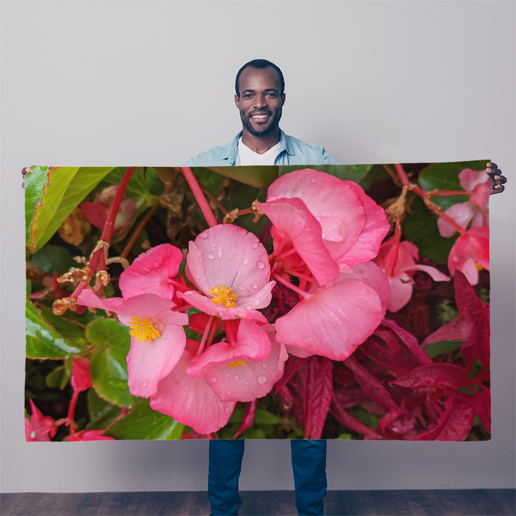 A vibrant PinkFlowers Sublimation Flag featuring a beautiful pink flower design, made from durable polyester fabric with double-stitched edges.