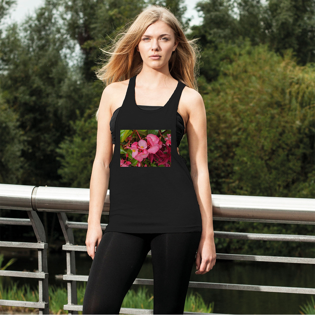 PinkFlowers Women's Loose Racerback Tank Top featuring a wide crew neck and extra-deep armholes, made from lightweight cotton fabric.