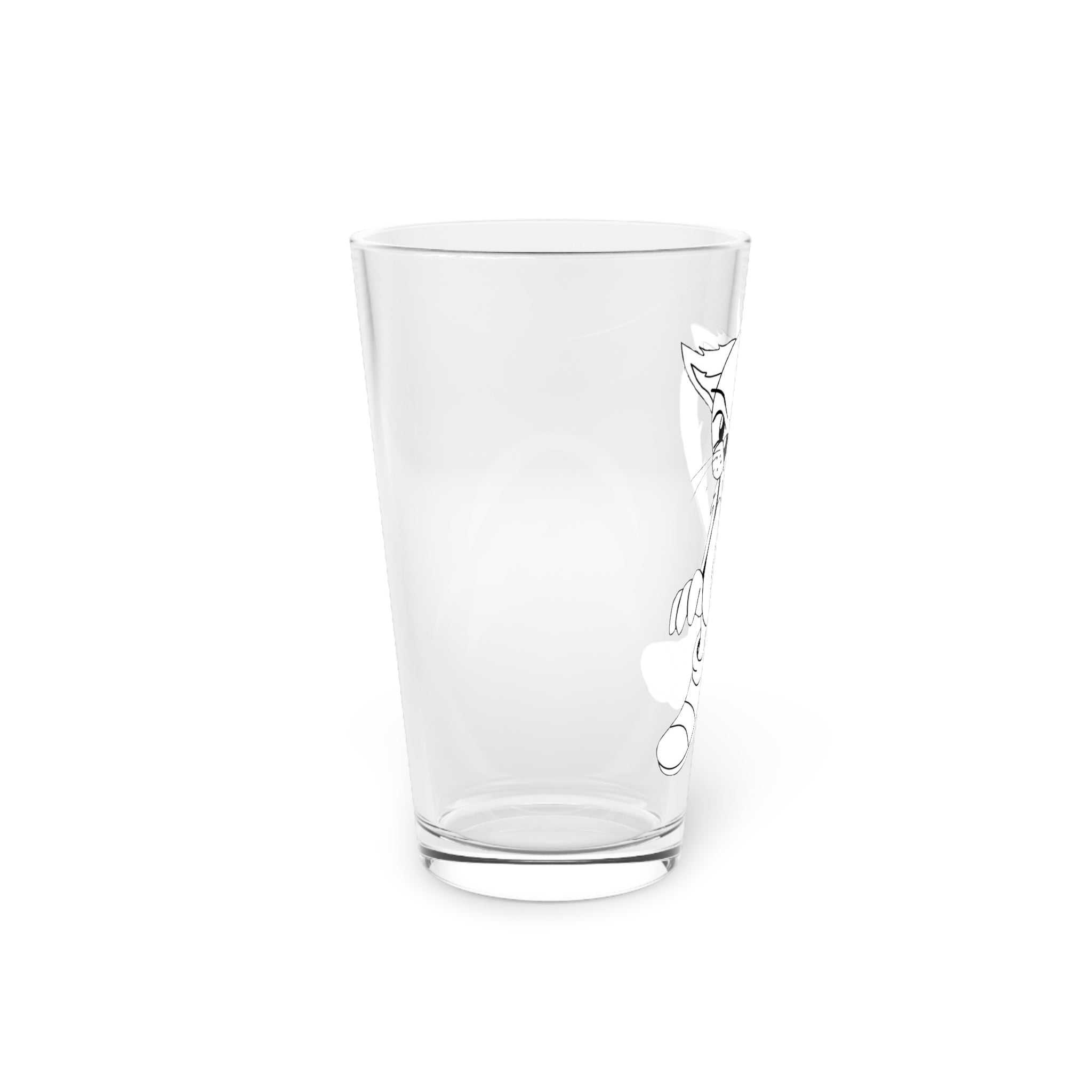 A clear 16oz pint glass showcasing its sleek design, perfect for custom printing and versatile use.