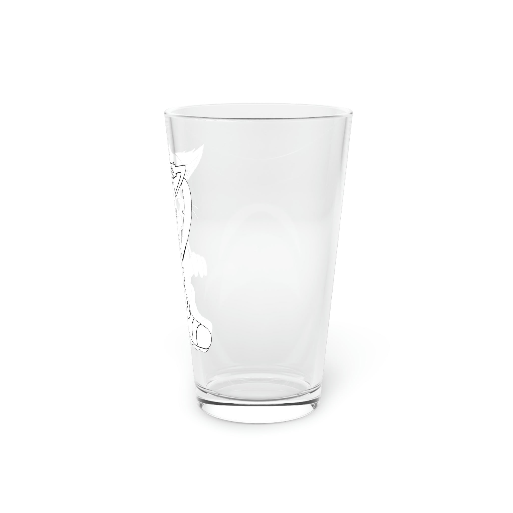 A clear 16oz pint glass showcasing its sleek design, perfect for custom printing and versatile use.