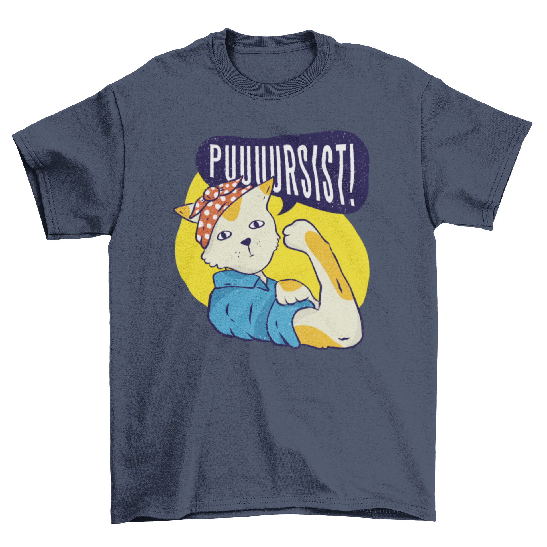 A stylish women's t-shirt featuring a cat in pin-up clothing inspired by Rosie the Riveter, with the caption 'Puuuursist!'