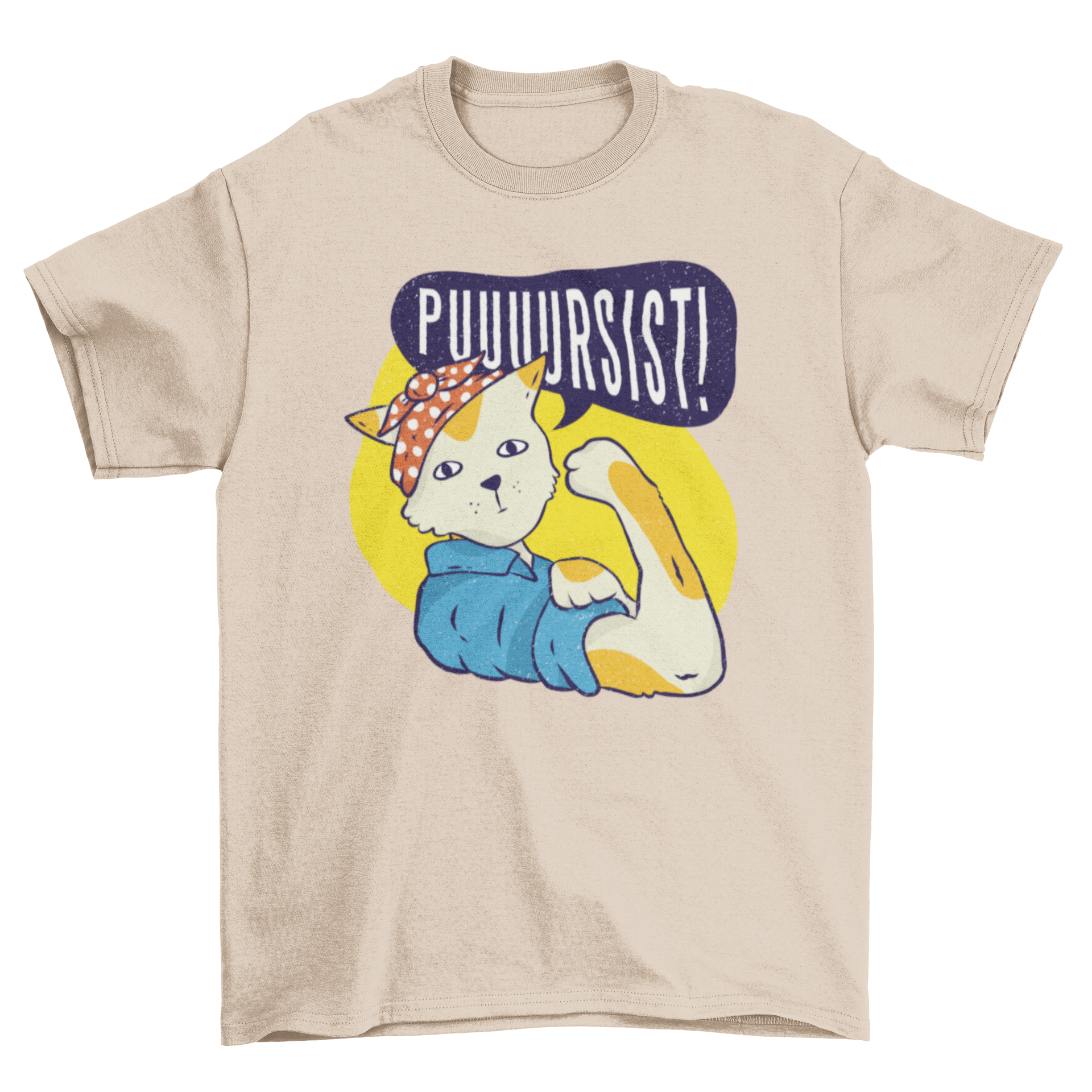 A stylish women's t-shirt featuring a cat in pin-up clothing inspired by Rosie the Riveter, with the caption 'Puuuursist!'