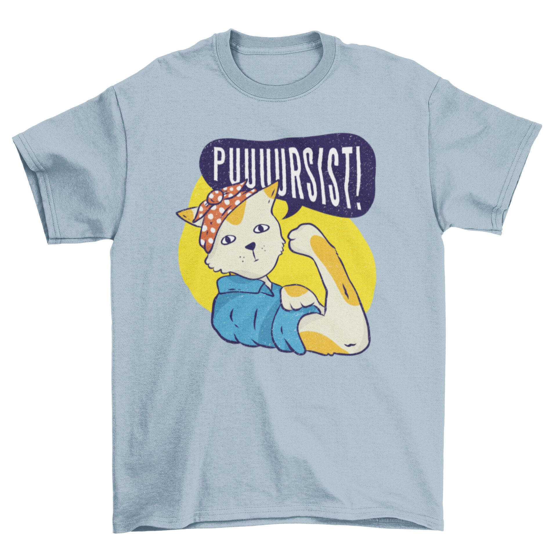 A stylish women's t-shirt featuring a cat in pin-up clothing inspired by Rosie the Riveter, with the caption 'Puuuursist!'