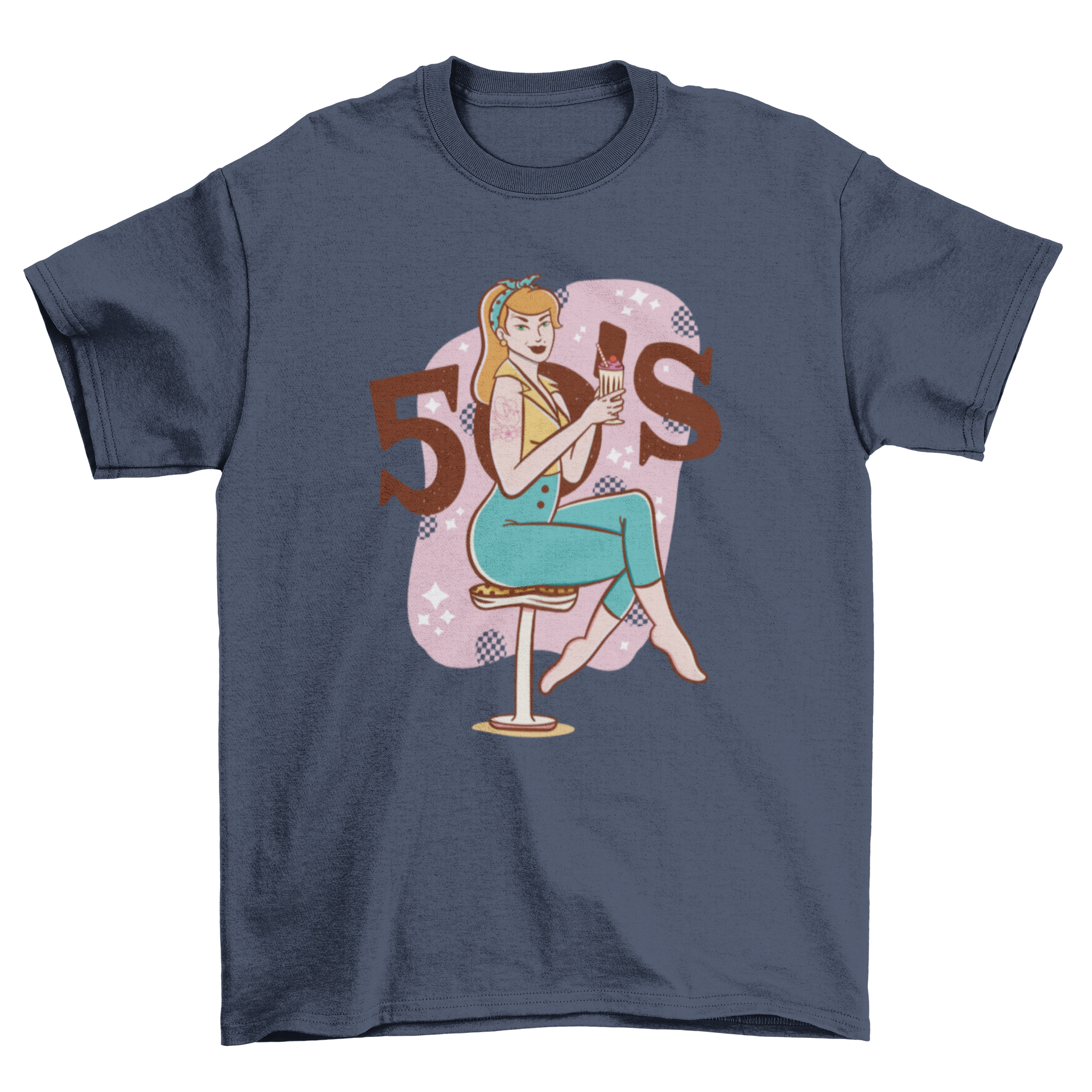 A stylish t-shirt featuring a vintage pin-up girl drinking a milkshake, showcasing vibrant colors and retro design.