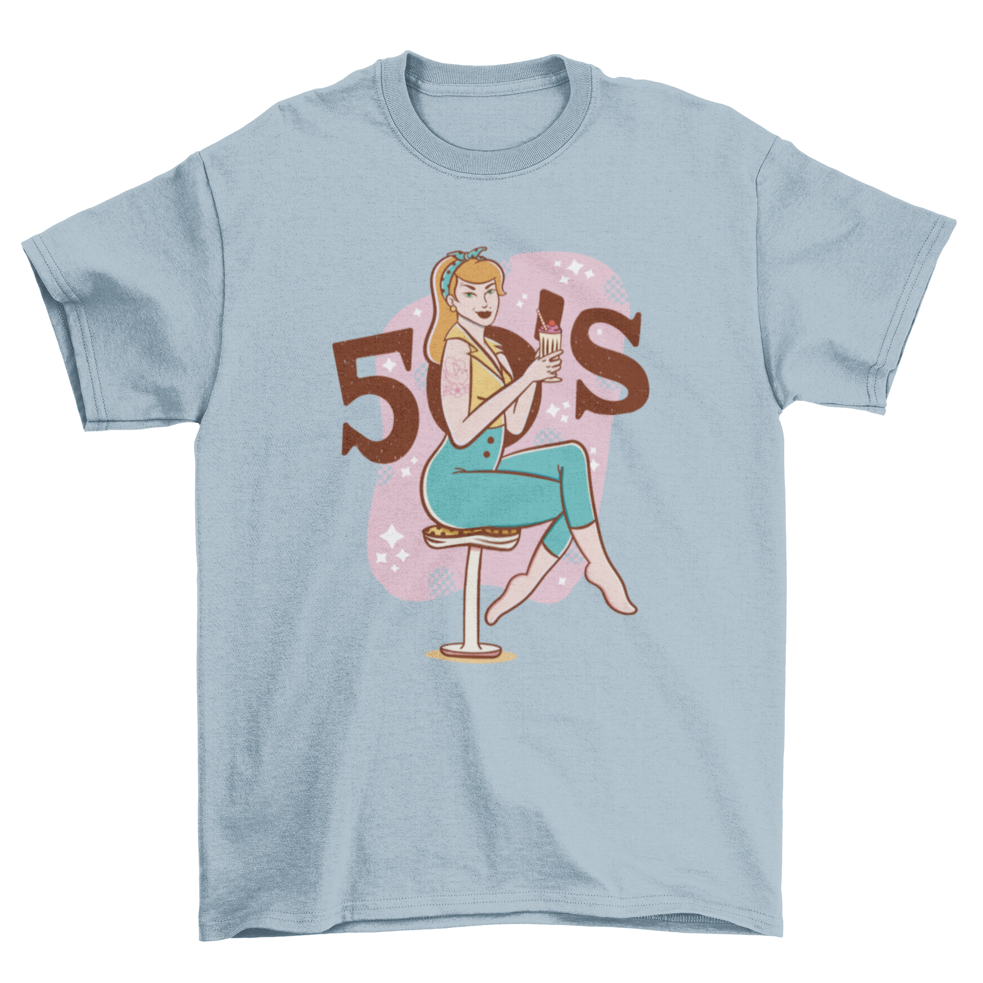 A stylish t-shirt featuring a vintage pin-up girl drinking a milkshake, showcasing vibrant colors and retro design.