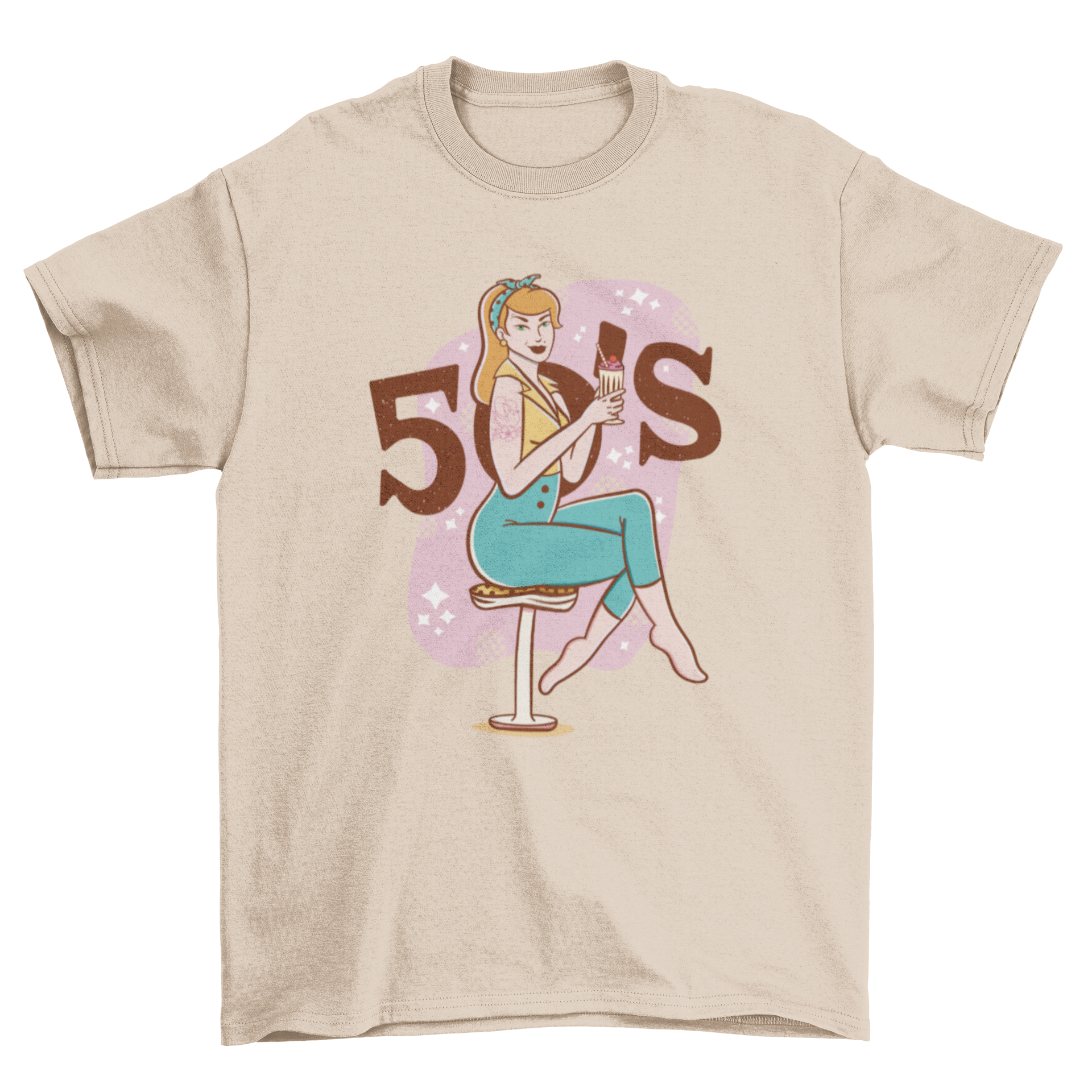 A stylish t-shirt featuring a vintage pin-up girl drinking a milkshake, showcasing vibrant colors and retro design.