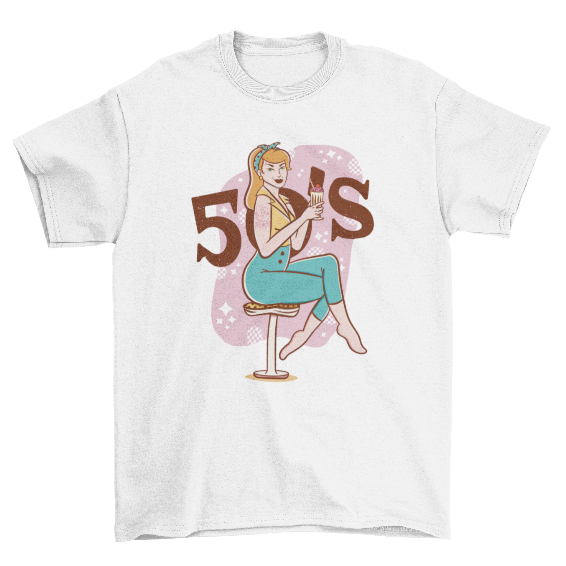 A stylish t-shirt featuring a vintage pin-up girl drinking a milkshake, showcasing vibrant colors and retro design.