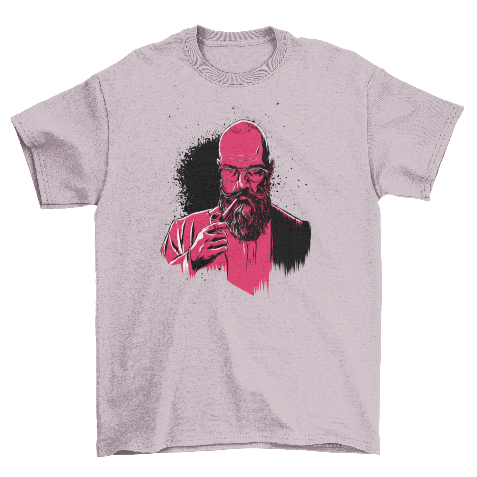 A stylish Pipe Beard Man T-shirt featuring a detailed illustration of a bald man with a long beard, glasses, and a pipe.