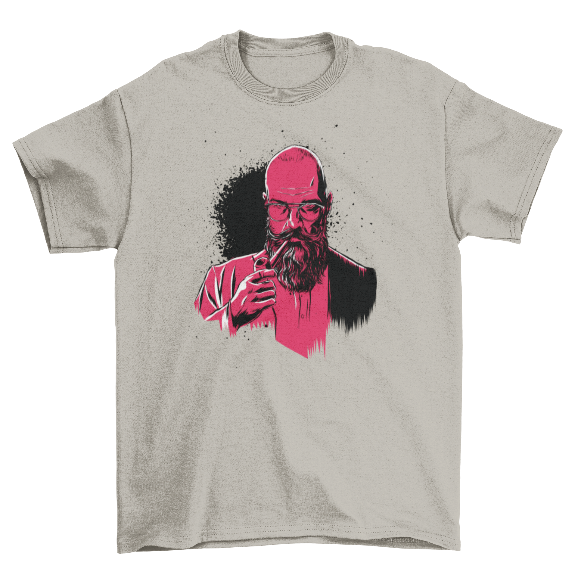 A stylish Pipe Beard Man T-shirt featuring a detailed illustration of a bald man with a long beard, glasses, and a pipe.